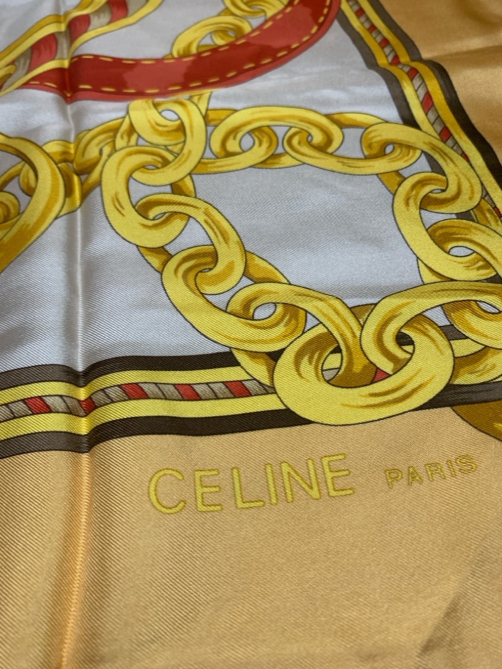 Celine Yellow, Cream & Red Gold Chain Silk Scarf - Picture 3 of 17
